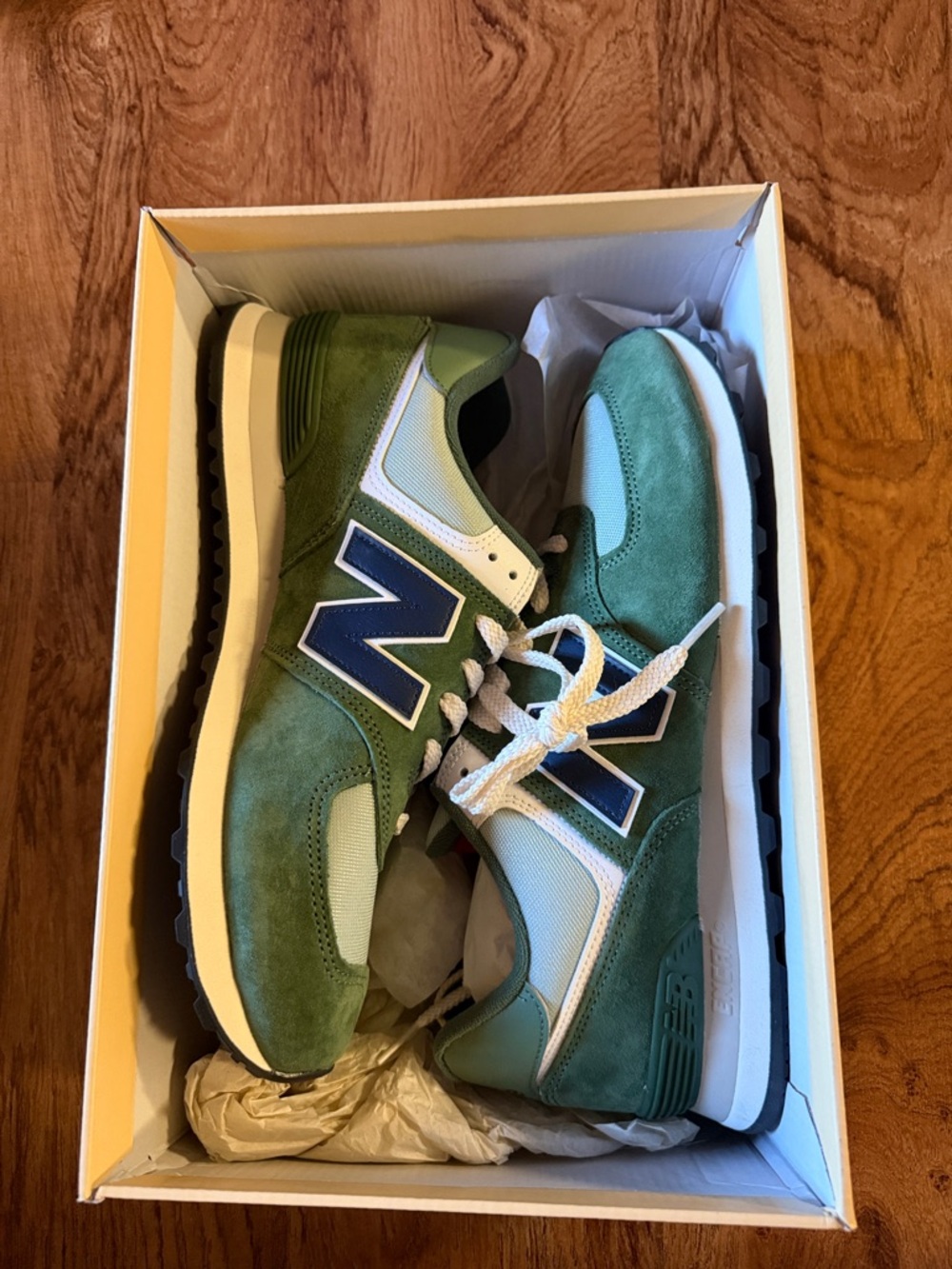 New Balance 574 Green Suede & Mesh Sneakers with Navy 'N' Accents